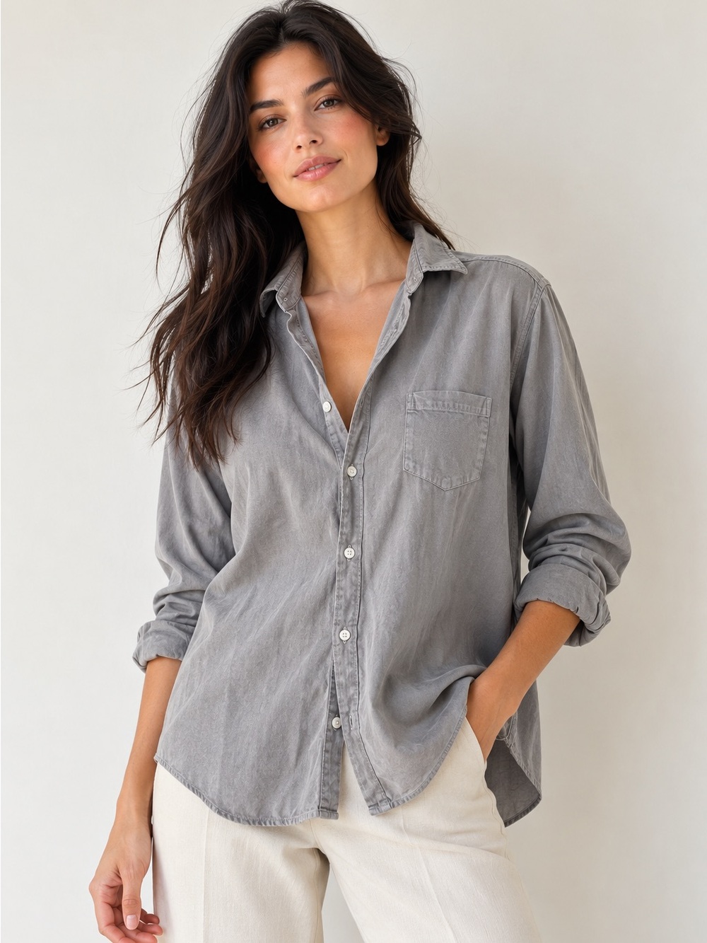 Frank & Eileen Eileen Grey Flannel Cotton Oversized Button Up Shirt XS Sample